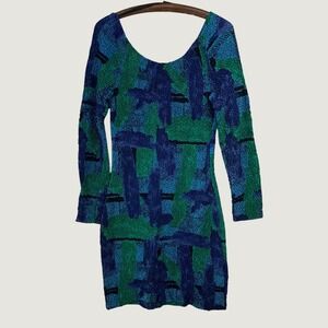Oxygen Popcorn Dress M Blue Green Abstract Textured 90s Vintage Bodycon Mini